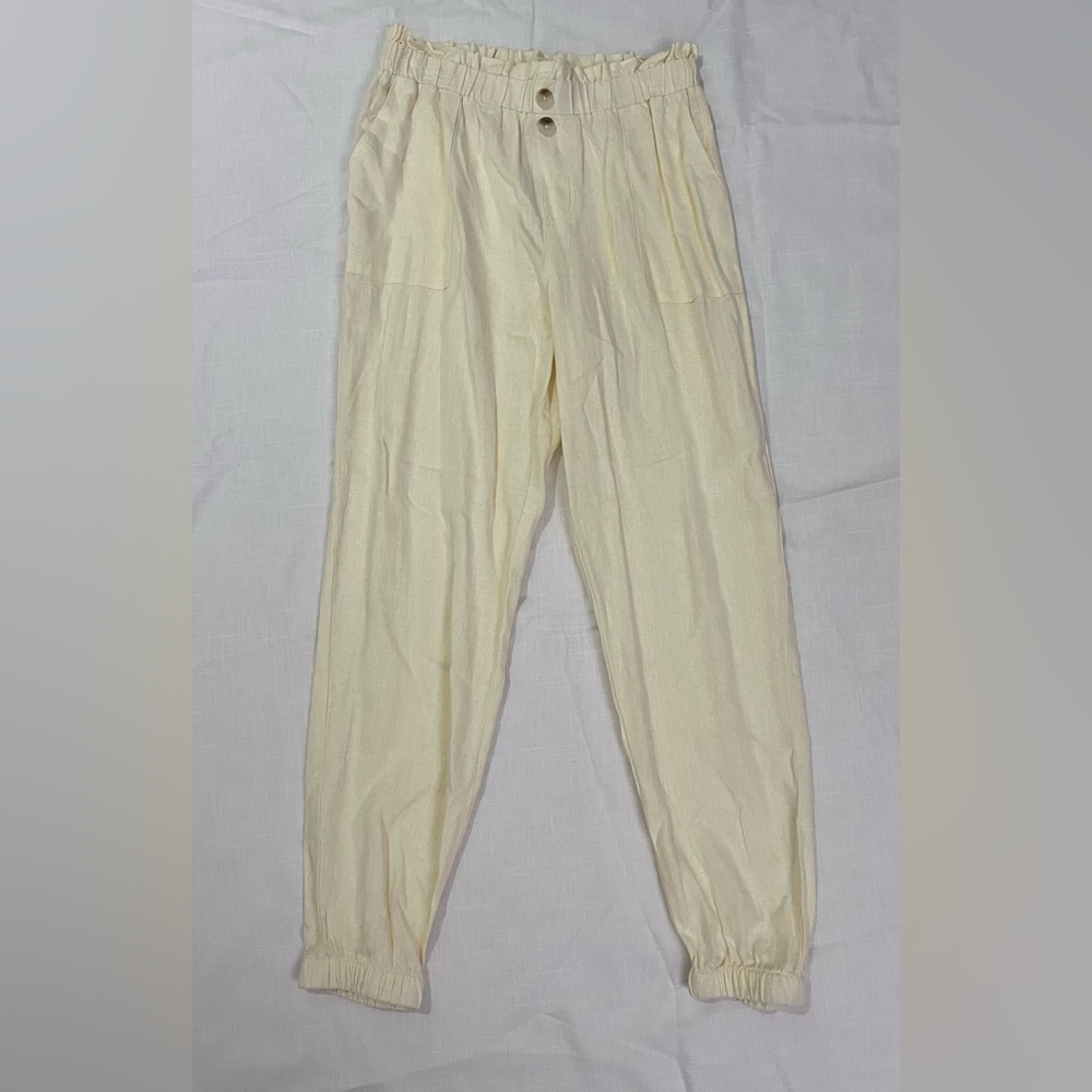 Cream Paper Bag Waist Linen Pants